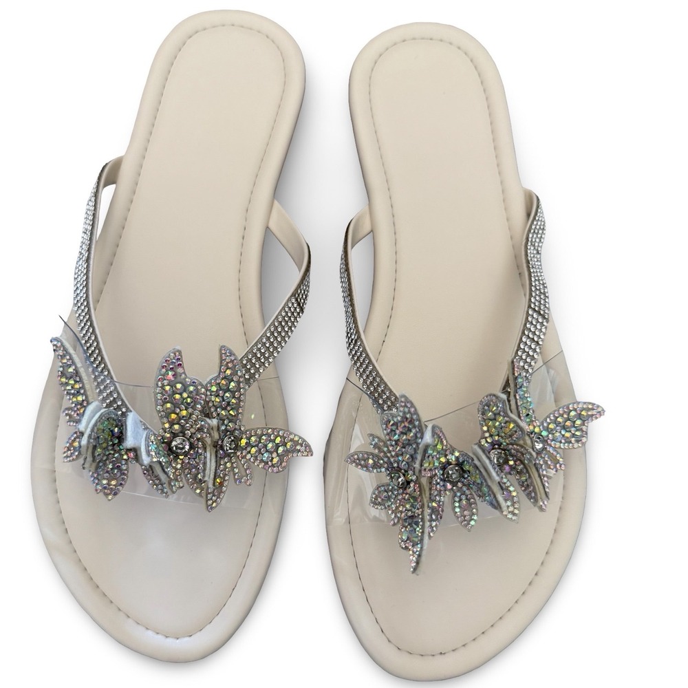 Rhinestone Butterfly Flat Sandals Cream Clear Iridescent Bling Slides US 11